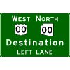 Overhead Directional - Cardinal Direction(s) / Route Shield(s) / 1 Destination / Left Lane sign