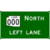 Overhead Directional - Cardinal Direction(s) / Route Shield(s) (No Destination) / Left Lane sign