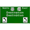 Combination Lane Use & Destination - Route Shield(s) + Optional Cardinal Direction / 2 Destinations / Lane Use sign