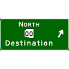 Exit Direction - Cardinal Direction(s) / Route Shield(s) / 1 Destination + Diagonal Arrow sign