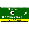 Exit Direction - Cardinal Direction(s) / Route Shield(s) / 1 Destination + Diagonal Arrow / Exit Advisory Speed sign