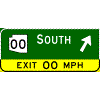 Exit Direction - Route Shield(s) + (Optional Cardinal Direction{s}) + Diagonal Arrow / Exit Advisory Speed (No Destinations sign