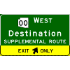 Exit Direction - (Optional Cardinal Direction{s}) + Route Shield(s) / 1 Destination / Supplemental Route / Exit Arrow(s) In Yellow Exit Only Sub-Panel sign