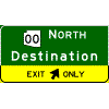 Exit Direction - (Optional Cardinal Direction{s}) + Route Shield(s) / 1 Destination / Exit Arrow(s) In Yellow Exit Only Sub-Panel sign