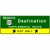 Exit Direction - (Cardinal Direction / Route Shield) + 1 Destination / Supplemental Route / Exit Arrow(s) in Yellow Exit Only Sub-Panel sign
