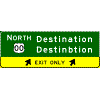 Exit Direction - (Cardinal Direction / Route Shield) + 2 Destinations / Exit Arrow(s) in Yellow Exit Only Sub-Panel sign
