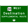 Pull-Through - (Optional Cardinal Direction{s}) + Route Shield(s) / 1 Destination / Supplemental Route / Down Arrow(s) sign