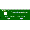 Pull-Through - (Cardinal Direction / Route Shield) + 1 Destination / Supplemental Route / Down Arrow(s) sign