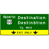 Pull-Through - (Cardinal Direction / Route Shield) + 2 Destinations / Down Arrow(s) in Yellow Exit Only Sub-Panel sign