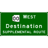 Pull-Through - (Optional Cardinal Direction{s}) + Route Shield(s) / 1 Destination / Supplemental Route sign