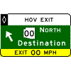 HOV Exit Direction - (Optional Cardinal Direction(s) + Route Shield(s) / Destination + Diagonal Arrow / Exit Advisory Speed sign