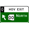 HOV Exit Direction - (Optional Cardinal Direction{s}) + Route Shield(s) (No Destinations) + Diagonal Arrow sign